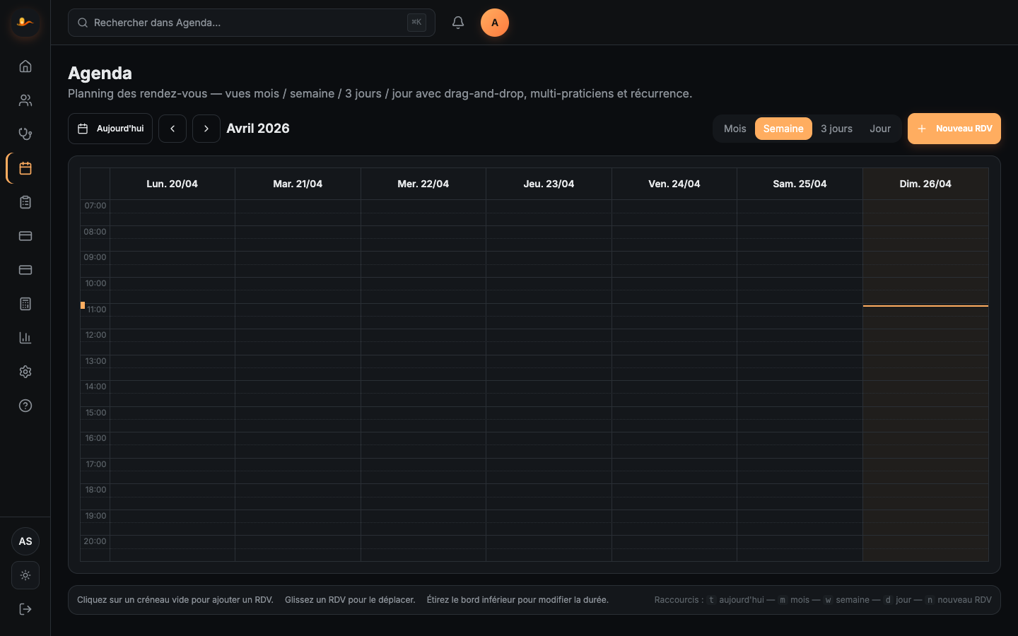 Agenda Palpa — vue semaine FullCalendar avec multi-praticien et drag-drop