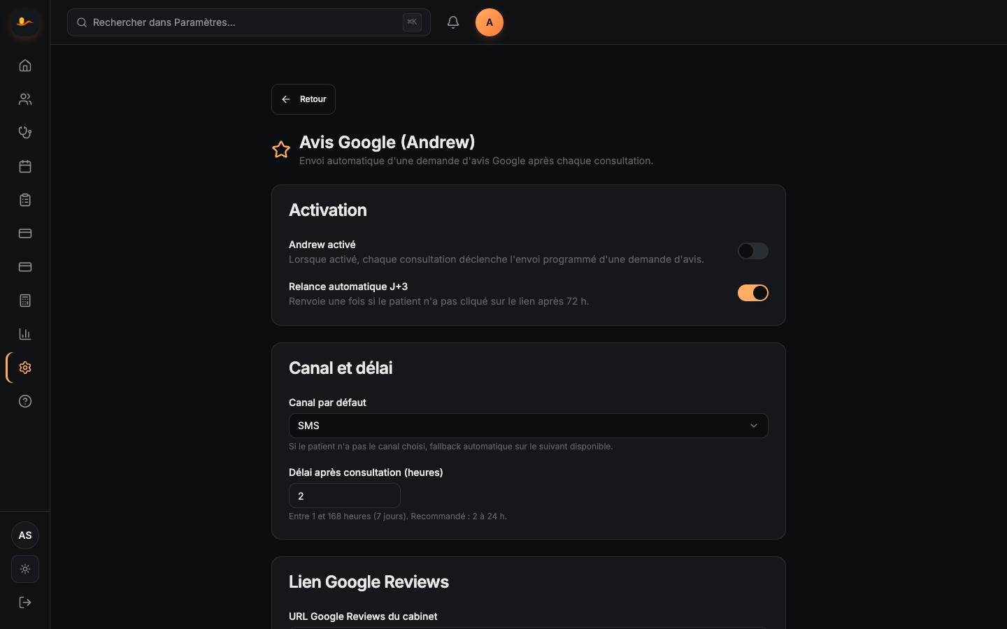Configuration Andrew — avis Google automatiques post-consultation