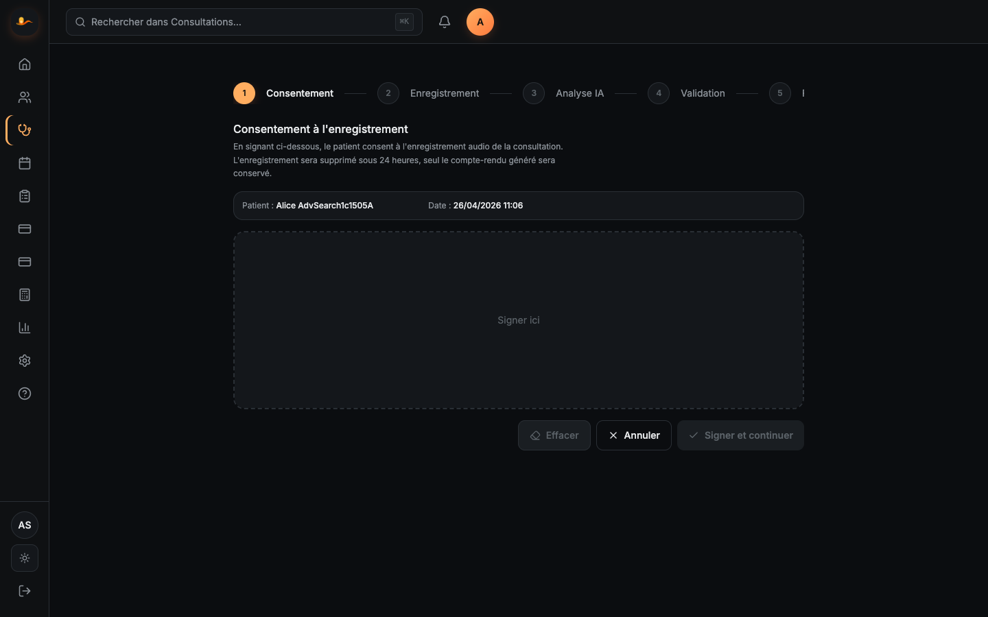 Flow consultation IA — 5 étapes (consentement, enregistrement, analyse IA, validation, follow-up)